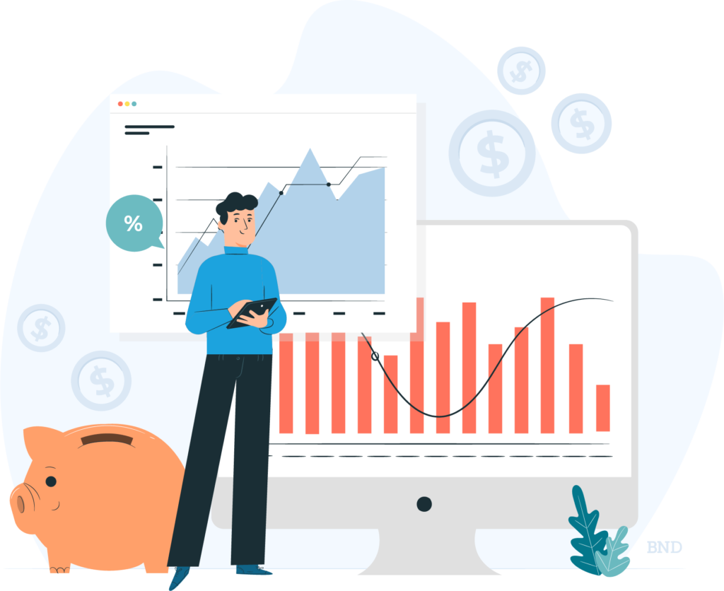 graphic of a businessperson standing in front of graphs